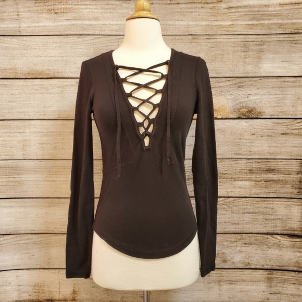 Free People Black Lace up Criss Cross V Neck top